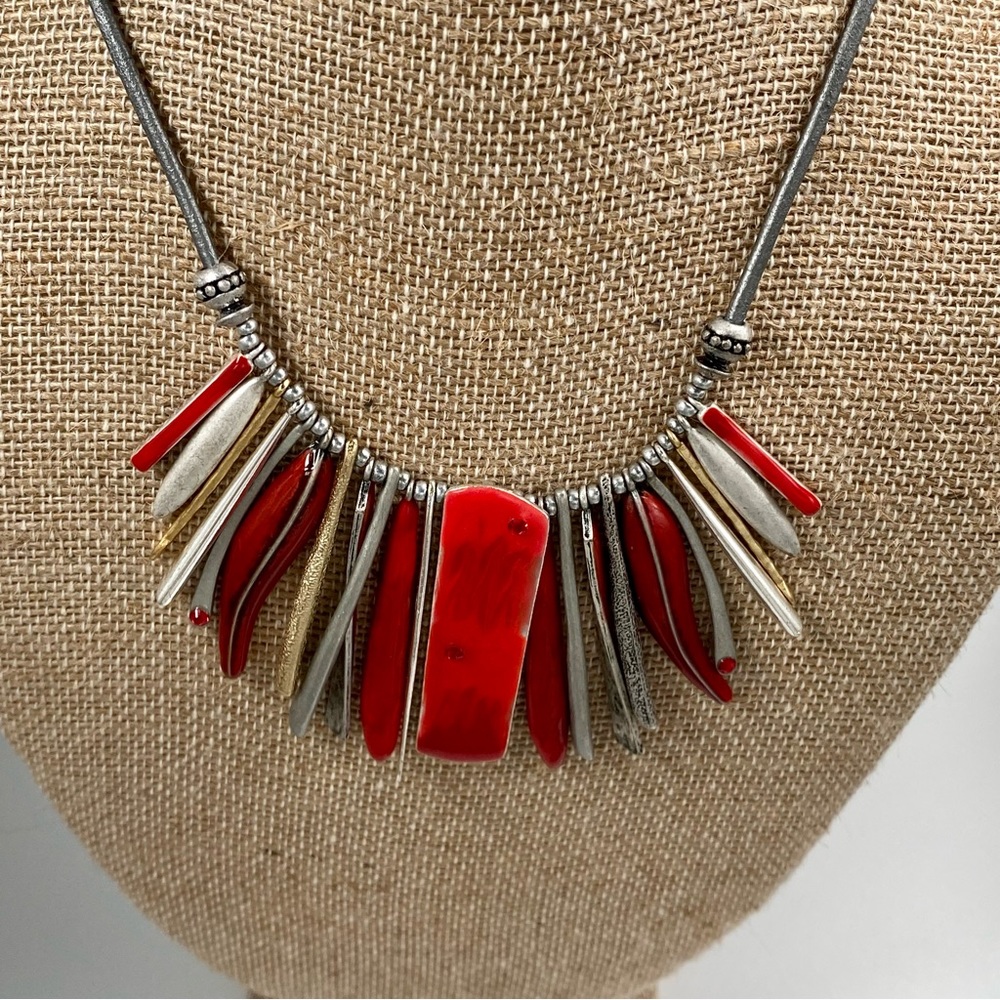 Chico’s Bib Red Enamel, Silver Tone, Gold Tone, Necklace, 18” L to bot of Dangle
